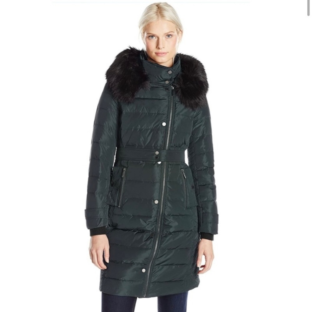 French Connection Long Moto Fur Hood Parka Coat